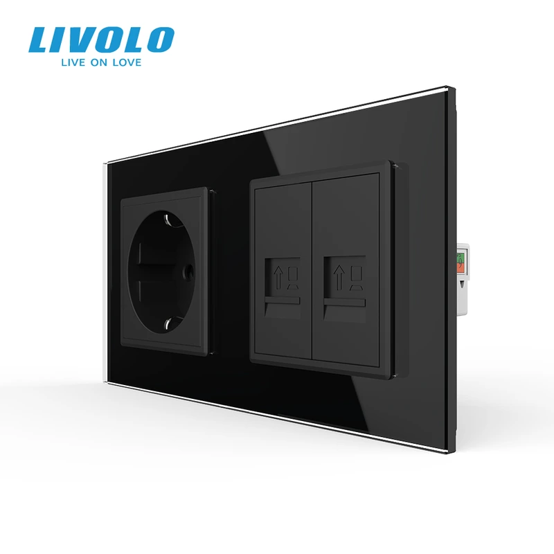 Розетка LIVOLO з двома інтернет портами RJ-45, чорна, настінна дизайнерська, скляна рамка