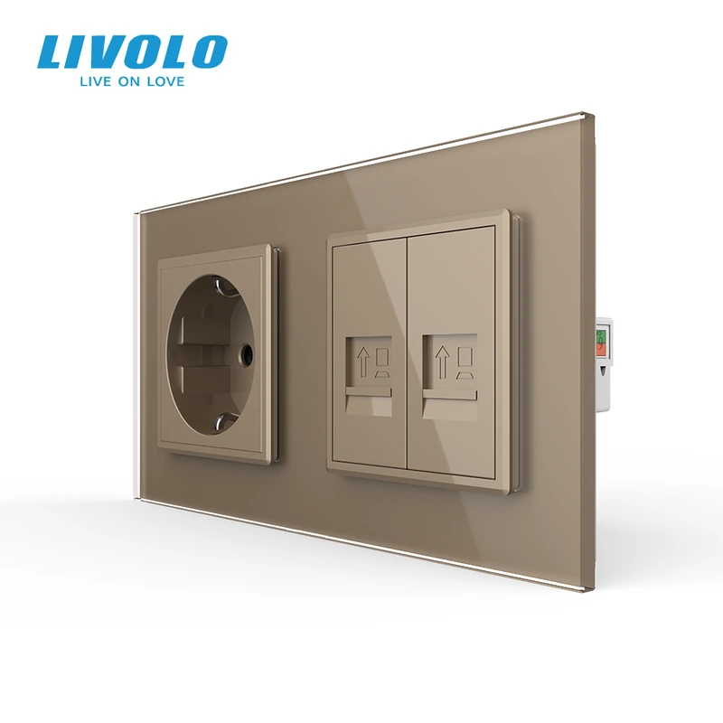 Розетка LIVOLO з двома інтернет портами RJ-45, золота, настінна дизайнерська, скляна рамка