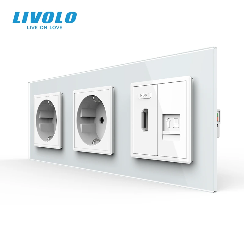 Розетка LIVOLO з HDMI і Інтернет RJ-45, біла, настінна, скляна рамка — Livolo