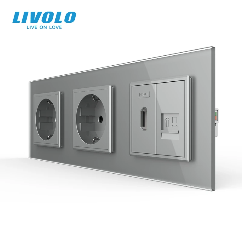 Розетка LIVOLO з HDMI і Інтернет RJ-45, сіра, настінна, скляна рамка — Livolo