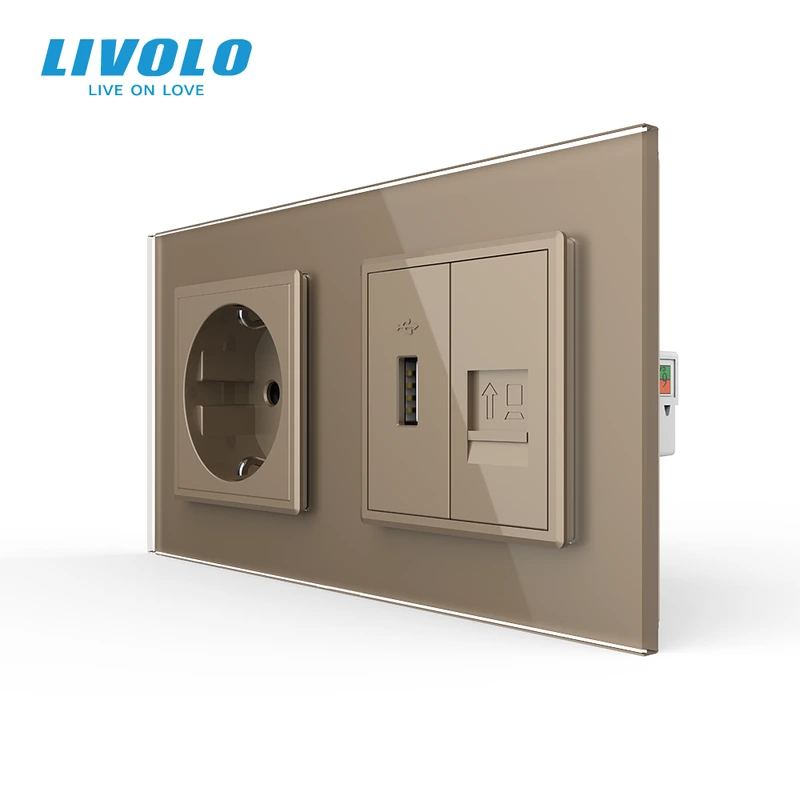 Розетка LIVOLO з USB 10Вт і інтернет портом RJ-45, золота, настінна дизайнерська, скляна рамка — Livolo