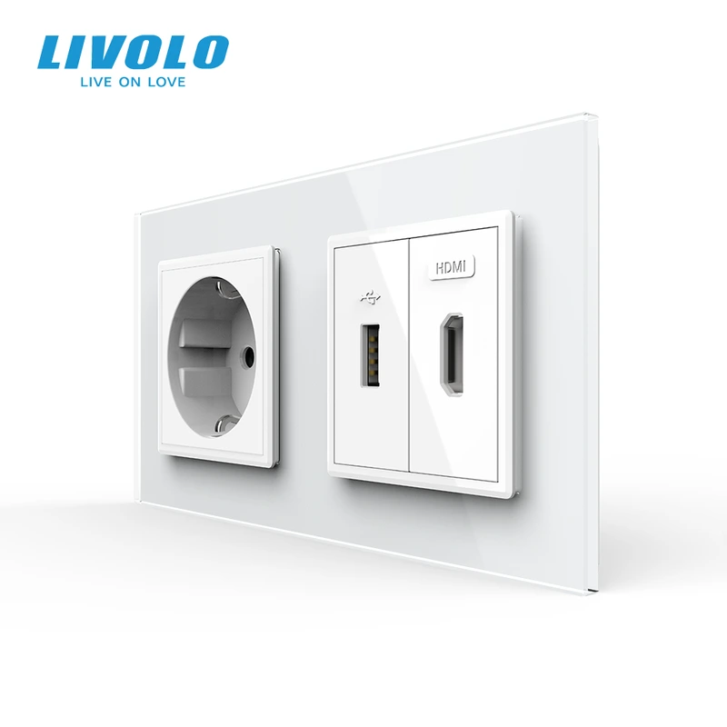 Розетка LIVOLO з USB 10Вт, інтернет портом RJ-45 і HDMI, біла, настінна дизайнерська, скляна рамка — Livolo