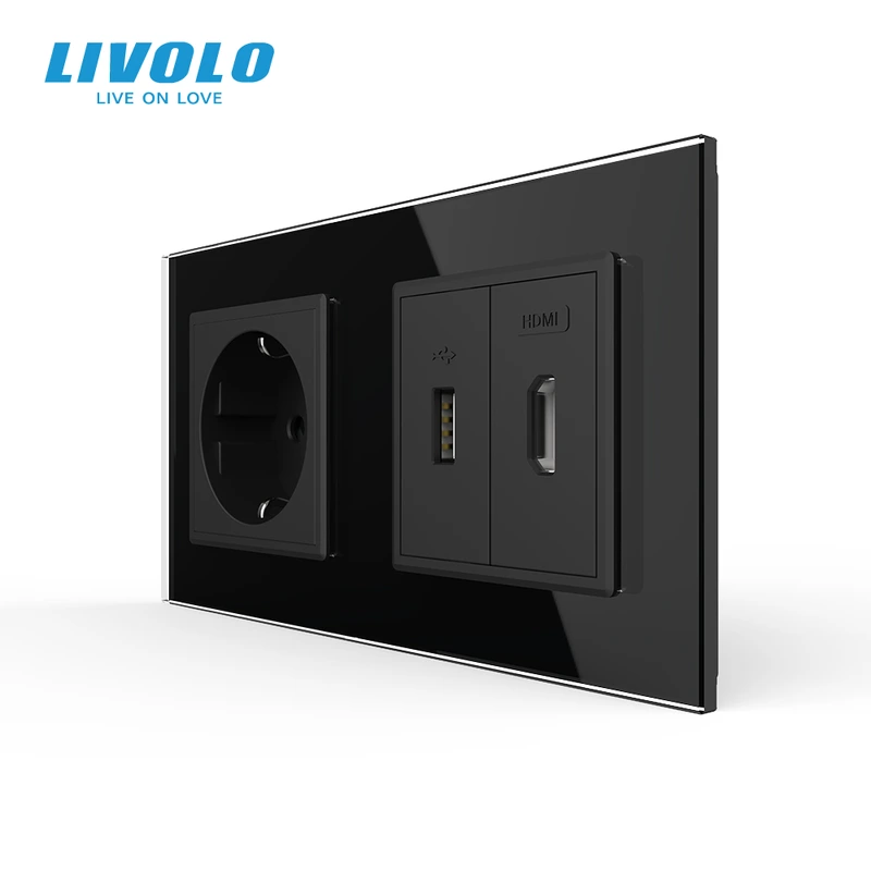 Розетка LIVOLO з USB 10Вт, інтернет портом RJ-45 і HDMI, чорна, настінна дизайнерська, скляна рамка