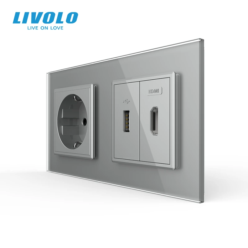 Розетка LIVOLO з USB 10Вт, інтернет портом RJ-45 і HDMI, сіра, настінна дизайнерська, скляна рамка