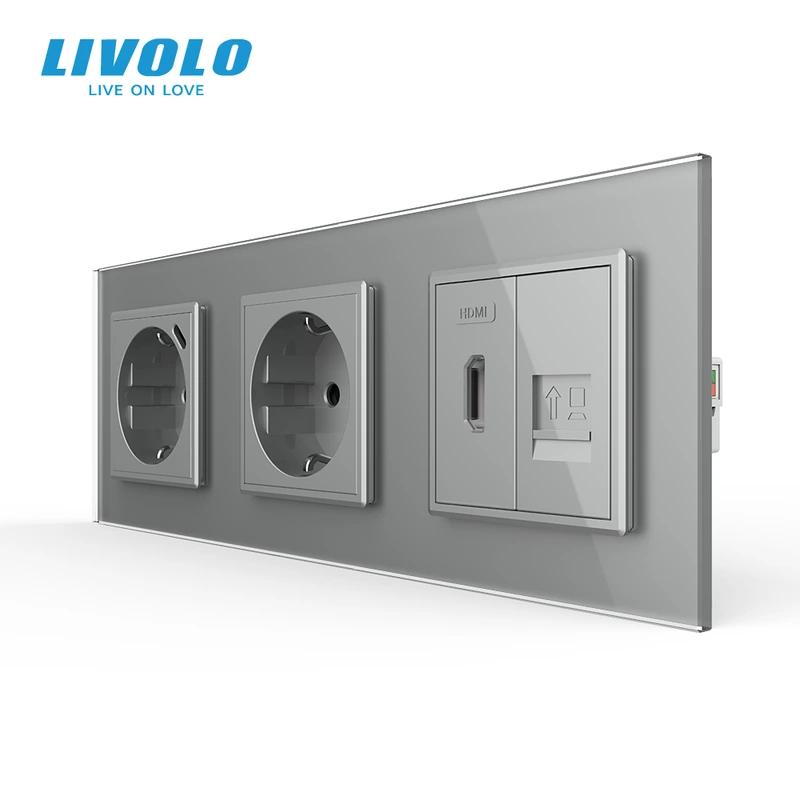 Розетка LIVOLO з USB 18Вт, HDMI і Інтернет RJ-45, із заземленням, шторки, сіра, скляна рамка, 250В 16А