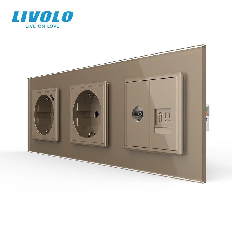 Розетка LIVOLO з USB 18Вт, Інтернет RJ-45 і ТВ виходом, із заземленням, шторки, золота, скляна рамка, 250В 16А