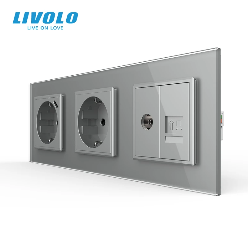 Розетка LIVOLO з USB 18Вт, Інтернет RJ-45 і ТВ виходом, із заземленням, шторки, сіра, скляна рамка, 250В 16А