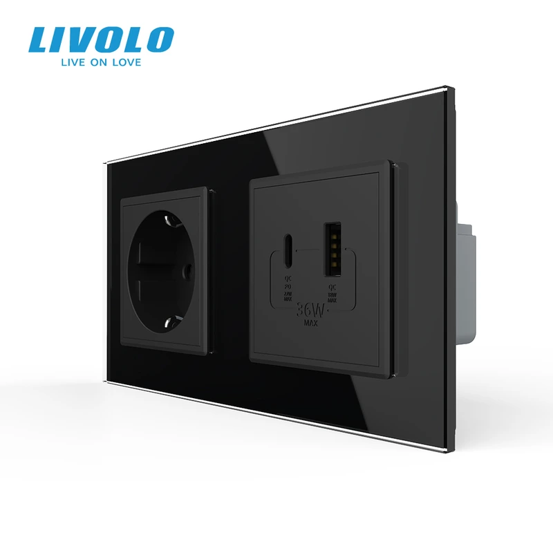 Розетка LIVOLO з USB-A та USB-C, Power Delivery 36W, чорна, настінна дизайнерська, скляна рамка — Livolo