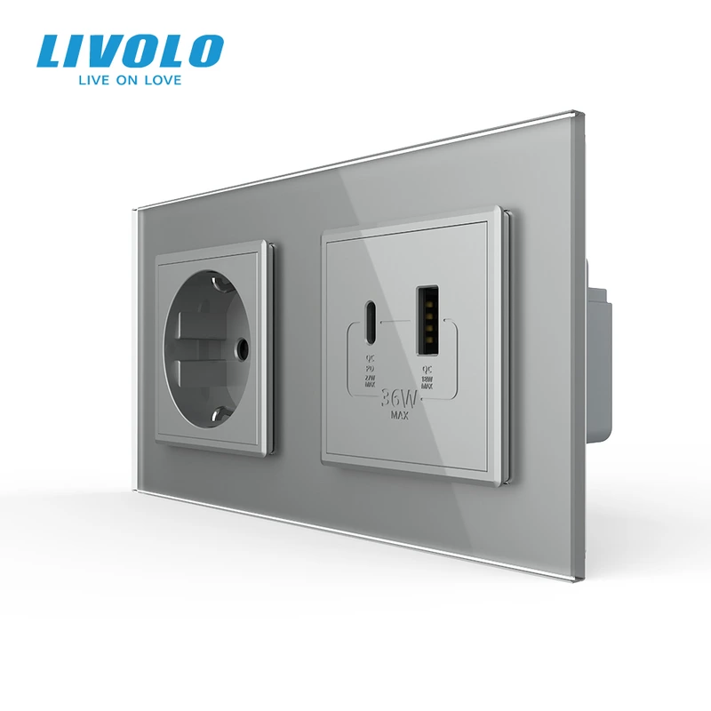 Розетка LIVOLO з USB-A та USB-C, Power Delivery 36W, сіра, настінна дизайнерська, скляна рамка — Livolo