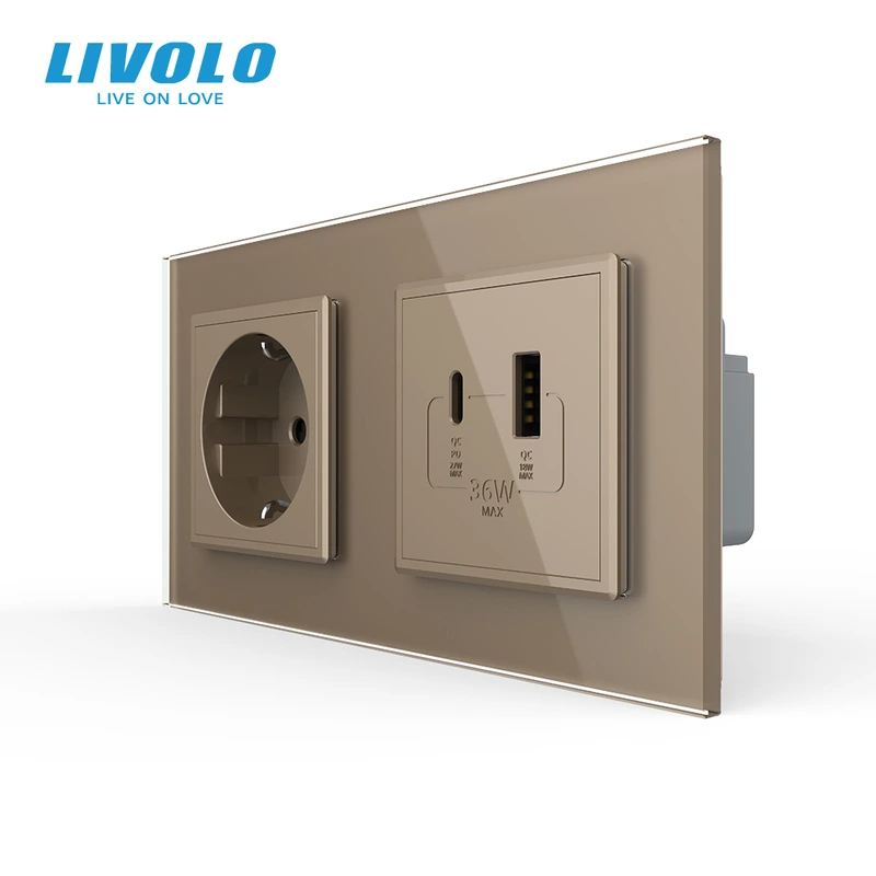 Розетка LIVOLO з USB-A та USB-C, Power Delivery 36W, золота, настінна дизайнерська, скляна рамка — Livolo