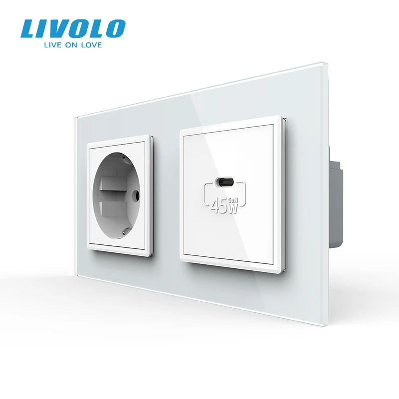 Розетка LIVOLO з USB-C Power Delivery 45Вт, біла, настінна дизайнерська, скляна рамка — Livolo