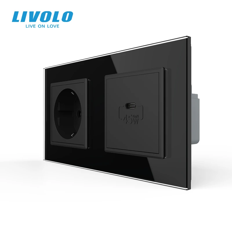 Розетка LIVOLO з USB-C Power Delivery 45Вт, чорна, настінна дизайнерська, скляна рамка — Livolo