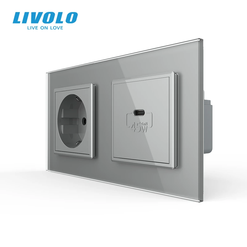 Розетка LIVOLO з USB-C Power Delivery 45Вт, сіра, настінна дизайнерська, скляна рамка — Livolo