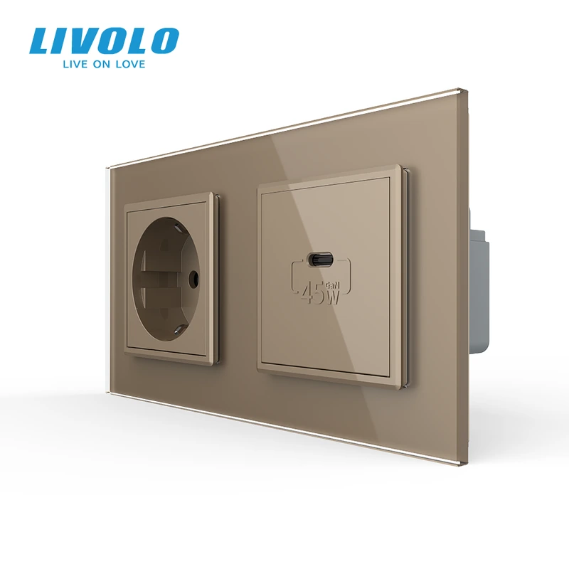 Розетка LIVOLO з USB-C Power Delivery 45Вт, золота, настінна дизайнерська, скляна рамка — Livolo