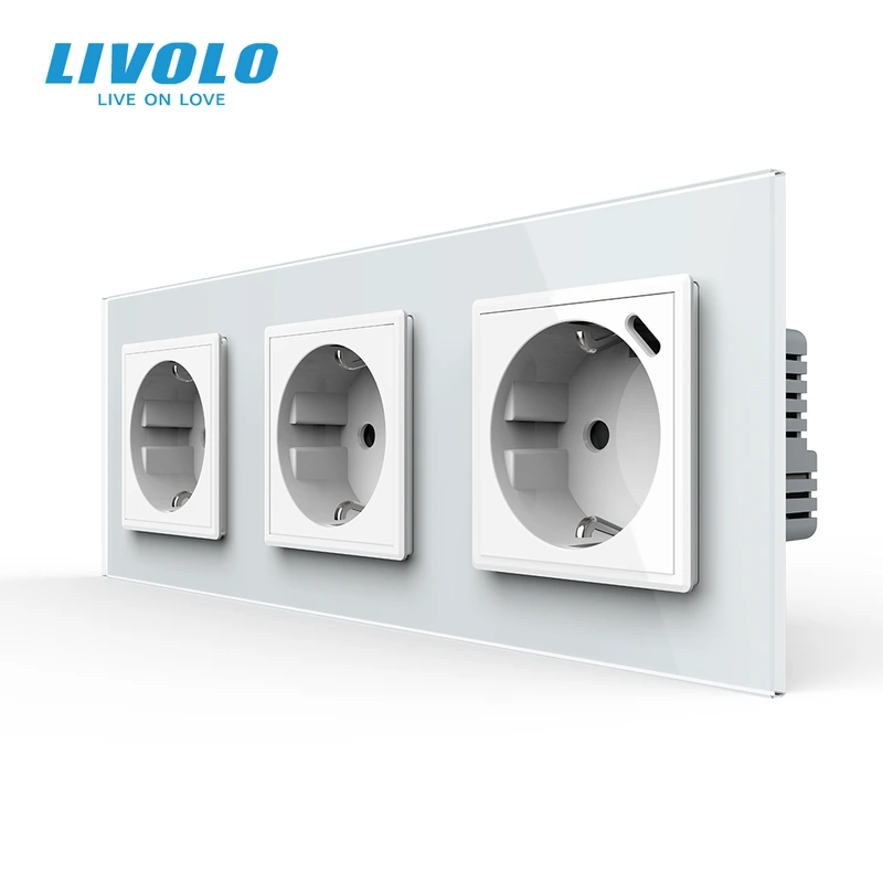 Розетка LIVOLO з USB Type-C 18Вт, із заземленням, шторки, біла, скляна рамка, 250В 16А