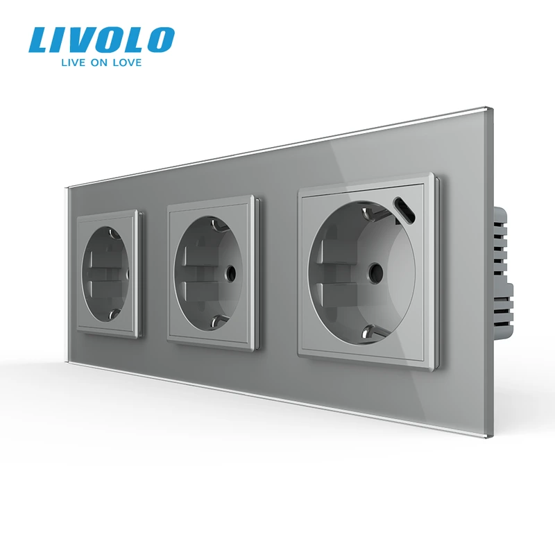 Розетка LIVOLO з USB Type-C 18Вт, із заземленням, шторки, сіра, скляна рамка, 250В 16А