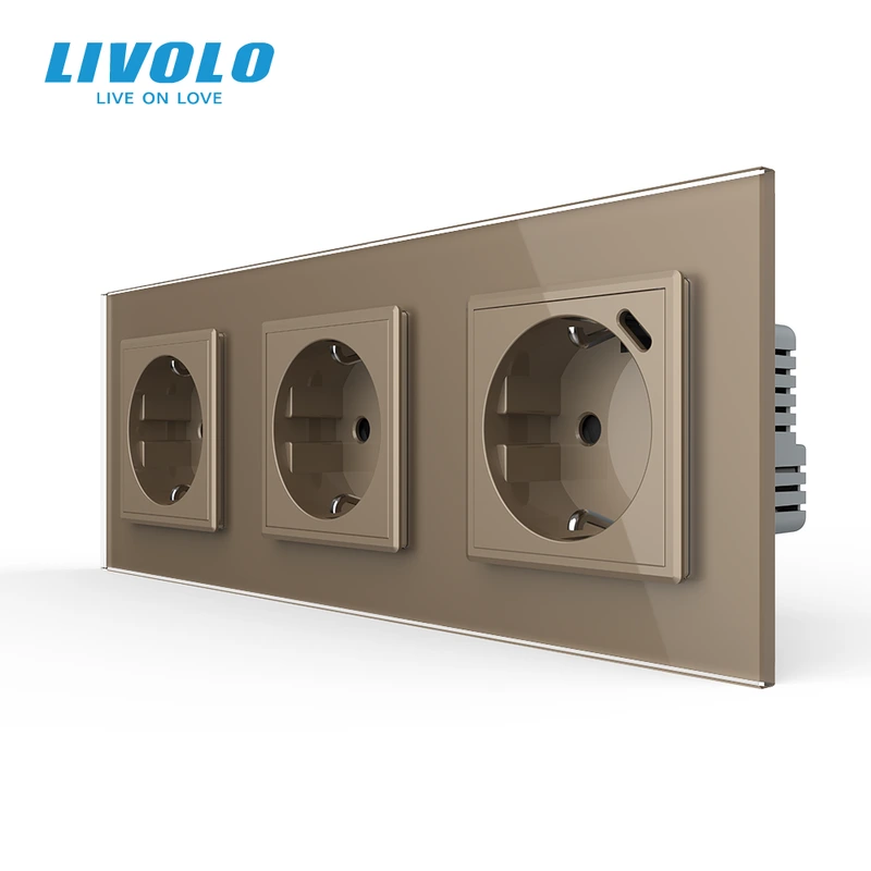 Розетка LIVOLO з USB Type-C 18Вт, із заземленням, шторки, золота, скляна рамка, 250В 16А