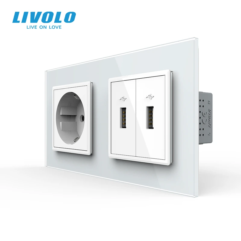 Розетка LIVOLO з заземленням і двома USB розетками, біла, настінна дизайнерська, скляна рамка — Livolo