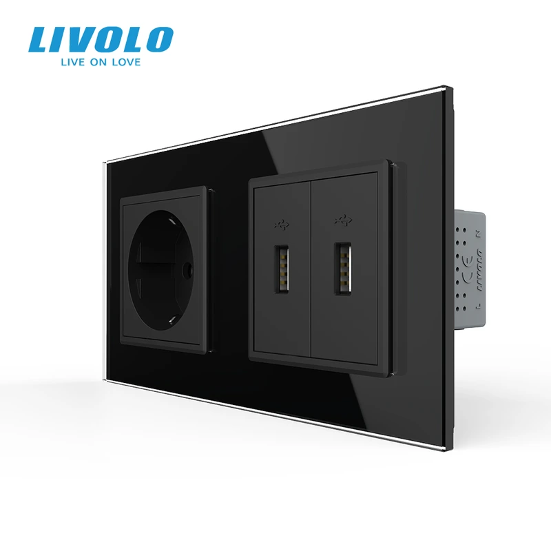 Розетка LIVOLO з заземленням і двома USB розетками, чорна, настінна дизайнерська, скляна рамка