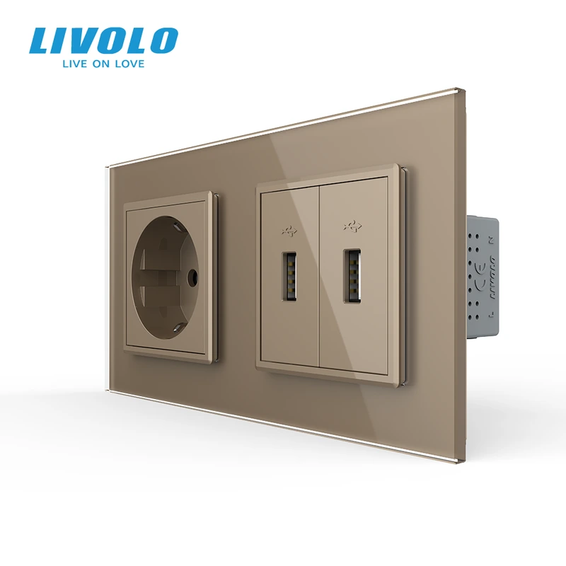 Розетка LIVOLO з заземленням і двома USB розетками, золота, настінна дизайнерська, скляна рамка — Livolo