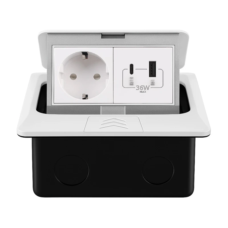 Розетка підлогова подвійна LIVOLO біла, вбудована у підлогу, з USB-A і USB Type-C 36 Вт, для кухні, офісу чи конференц-залу, з кришкою, висувна, з заземленням, IP44, плавне відкриття, алюміній, розмір 145×145×65 мм (VL-SHS016-FCTC-FCUA.UC-W) (VL-SHS016-TC.UA.UC-WP-W)