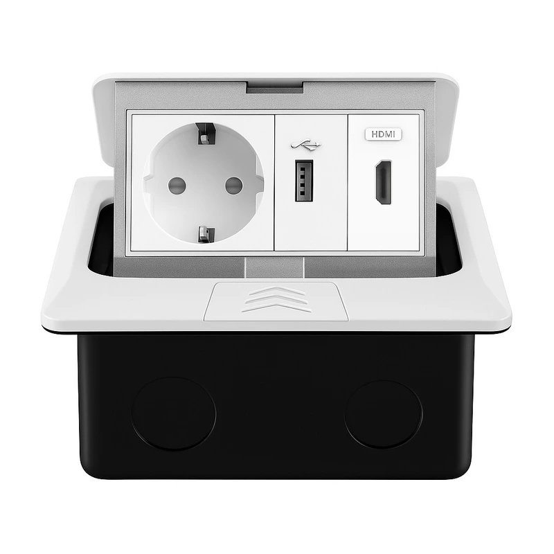 Розетка підлогова подвійна LIVOLO біла, вбудована у підлогу, з USB 10Вт, HDMI, для кухні, офісу чи конференц-залу, з кришкою, висувна, з заземленням, IP44, плавне відкриття, алюміній, розмір 145×145×65 мм (VL-SHS016-TC-HD-UA-W) (VL-SHS016-TC.HD.UA-WP-W)
