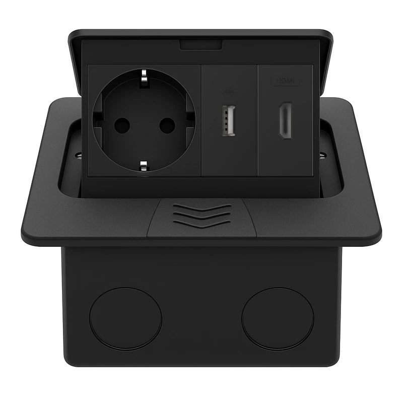 Розетка підлогова подвійна LIVOLO чорна, вбудована у підлогу, з USB 10Вт, HDMI, для кухні, офісу чи конференц-залу, з кришкою, висувна, з заземленням, IP44, плавне відкриття, алюміній, розмір 145×145×65 мм (VL-SHS016-TC-HD-UA-B) (VL-SHS016-TC.HD.UA-BP-B)