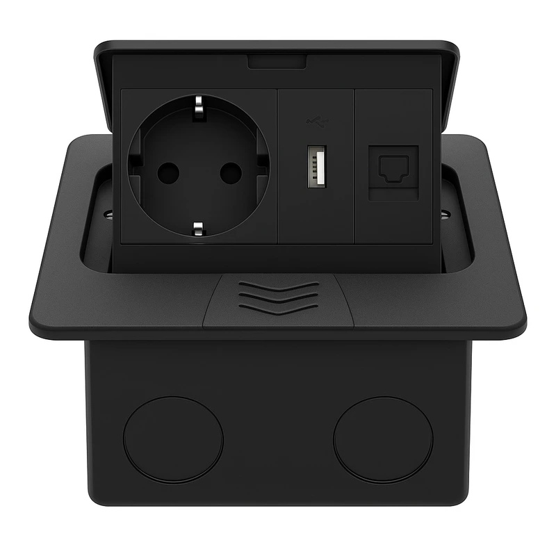 Розетка підлогова подвійна LIVOLO чорна, вбудована у підлогу, з USB 10Вт, інтернет RJ-45, для кухні, офісу чи конференц-залу, з кришкою, висувна, з заземленням, IP44, плавне відкриття, алюміній, розмір 145×145×65 мм (VL-SHS016-FCTC-FCUA-FCCP-B) (VL-SHS016-TC.UA.CP-BP-B)