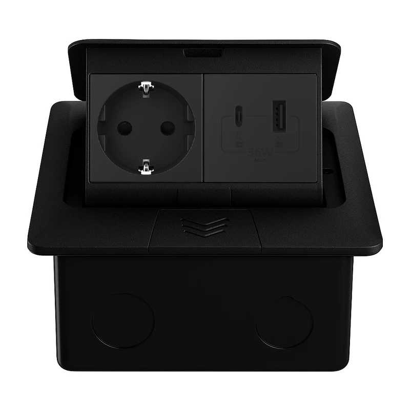 Розетка підлогова подвійна LIVOLO чорна, вбудована у підлогу, з USB-A і USB Type-C 36 Вт, для кухні, офісу чи конференц-залу, з кришкою, висувна, з заземленням, IP44, плавне відкриття, алюміній, розмір 145×145×65 мм (VL-SHS016-FCTC-FCUA.UC-B) (VL-SHS016-TC.UA.UC-BP-B)