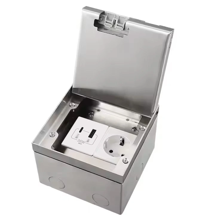 Розетка підлогова подвійна LIVOLO срібна, вбудована невидима прихованого монтажу, з кришкою, з заземленням, з USB-A і USB Type-C 36 Вт, IP54, нержавіюча сталь, розмір 130×130×84 мм (VL-SHSJ52-TCIP-FCCP-FCUA18W.UC18W-I) (VL-SHSJ52-TC.UA.UC-WP-I)