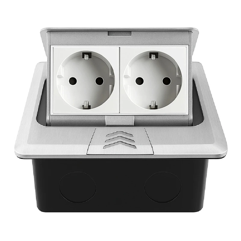 Розетка підлогова подвійна LIVOLO срібна, вбудована у підлогу, для кухні, офісу чи конференц-залу, з кришкою, висувна, з заземленням, IP44, плавне відкриття, алюміній, розмір 145×145×65 мм (VL-SHS016-FCTC-FCTC-S) (VL-SHS016-TC-WP-S)