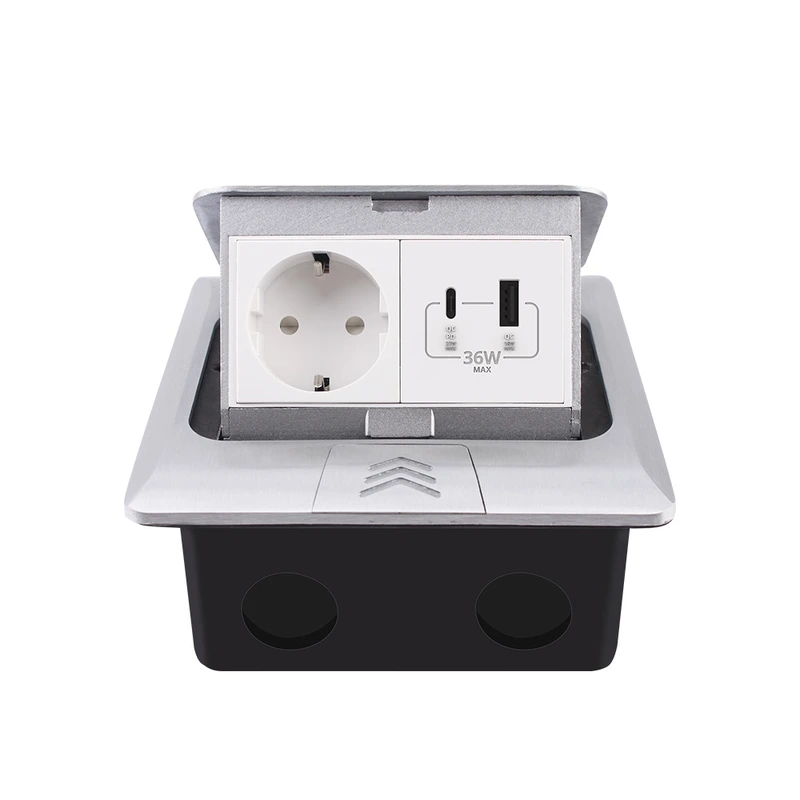 Розетка підлогова подвійна LIVOLO срібна, вбудована у підлогу, з USB-A і USB Type-C 36 Вт, для кухні, офісу чи конференц-залу, з кришкою, висувна, з заземленням, IP44, плавне відкриття, алюміній, розмір 145×145×65 мм (VL-SHS016-FCTC-FCUA.UC-S) (VL-SHS016-TC.UA.UC-WP-S)