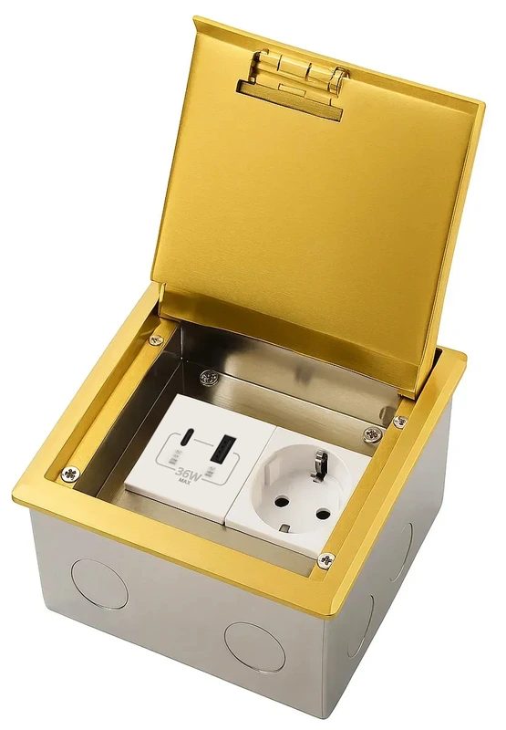 Розетка підлогова подвійна LIVOLO золота, вбудована невидима прихованого монтажу, з кришкою, з заземленням, з USB-A і USB Type-C 36 Вт, IP54, нержавіюча сталь, розмір 130×130×84 мм (VL-SHSJ52-TCIP-FCCP-FCUA18W.UC18W-A)
