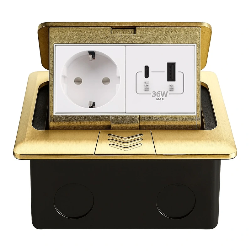 Розетка підлогова подвійна LIVOLO золота, вбудована у підлогу, з USB-A і USB Type-C 36 Вт, для кухні, офісу чи конференц-залу, з кришкою, висувна, з заземленням, IP44, плавне відкриття, алюміній, розмір 145×145×65 мм (VL-SHS016-FCTC-FCUA.UC-A) (VL-SHS016-TC.UA.UC-WP-A)