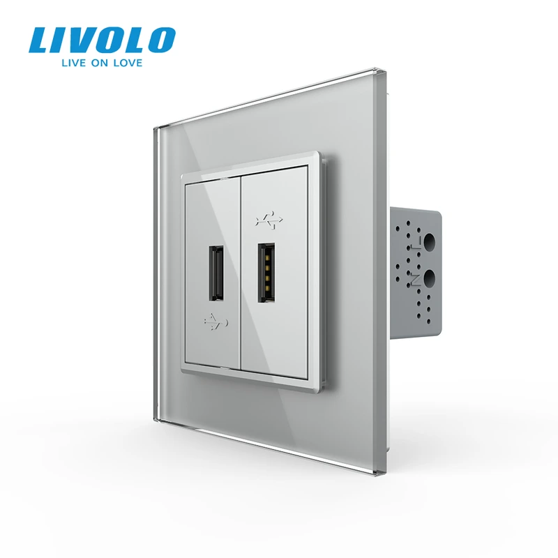 Розетка подвійна USB з блоком живлення Livolo сірий скло (VL-C792U-15) (VL-C7FCUA/FCUA-2IP)