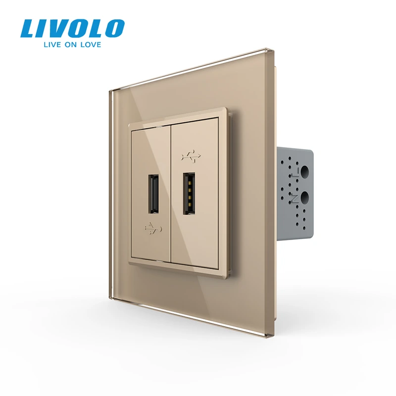 Розетка подвійна USB з блоком живлення LIVOLO золота 2.5D скло