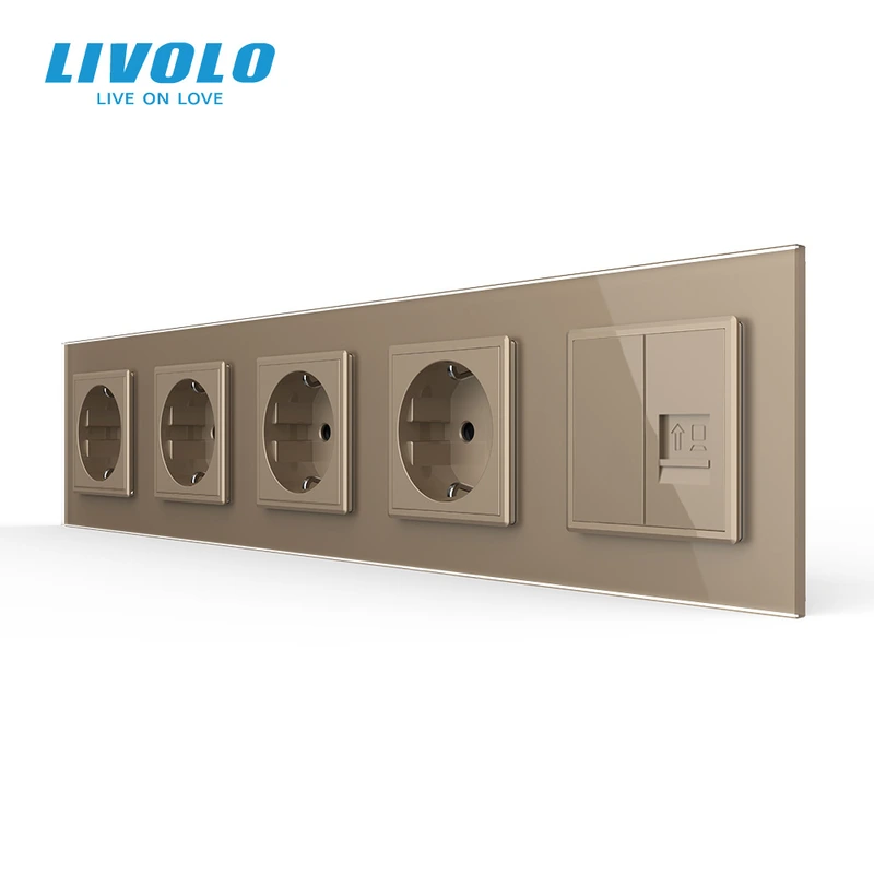 Розетка п'ятимісна комбінована Силова Інтернет LIVOLO золота 2.5D скло