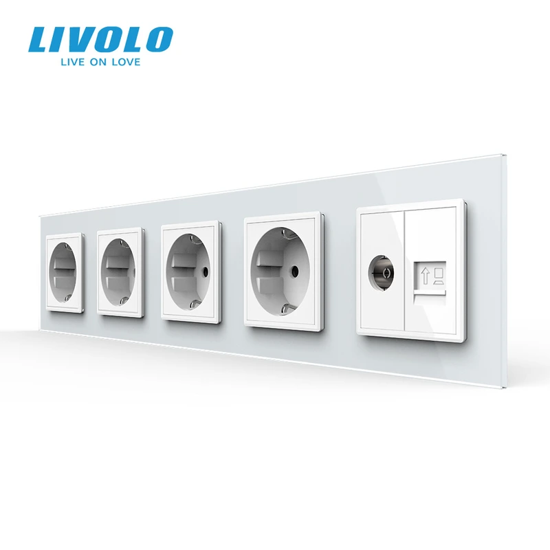Розетка п'ятимісна комбінована Силова Інтернет ТБ LIVOLO біла 2.5D скло