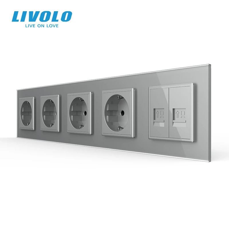 Розетка п’ятимісна з двома інтернет портами RJ-45, LIVOLO сіра, настінна дизайнерська, скляна рамка