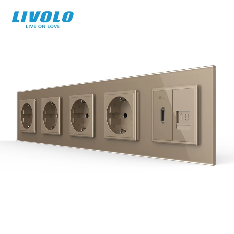 Розетка п’ятимісна з HDMI і Інтернет RJ-45, LIVOLO золота, настінна, скляна рамка