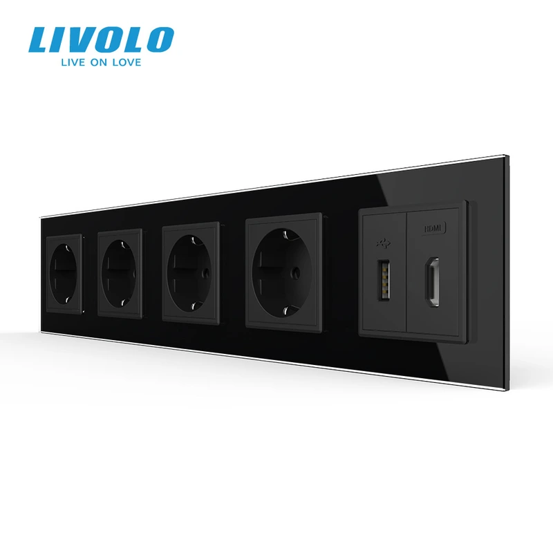 Розетка п’ятимісна з USB 10Вт, інтернет портом RJ-45 і HDMI, чорна, настінна дизайнерська, скляна рамка — Livolo