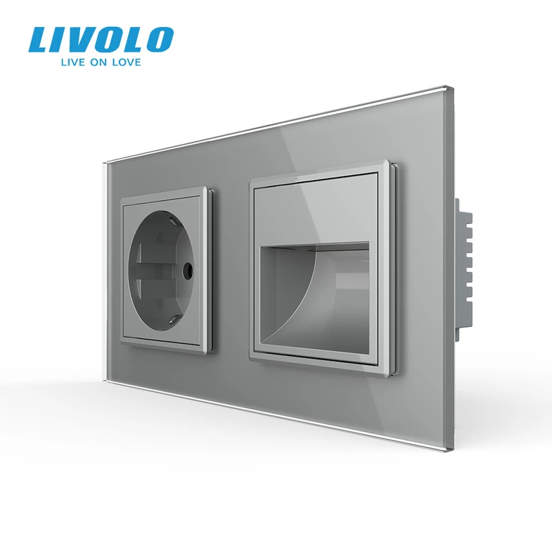 Розетка-світильник LIVOLO для сходів і коридору, 2700K, 230В, 0.35Вт, сіра, скляна рамка — Livolo