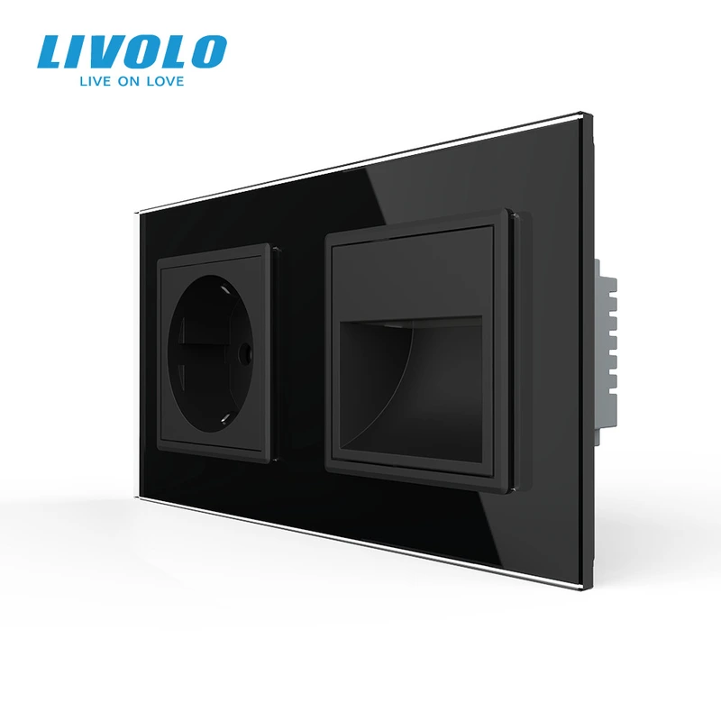 Розетка-світильник LIVOLO для сходів і коридору, 2700K, 230В, 0.35Вт, чорна, скляна рамка — Livolo