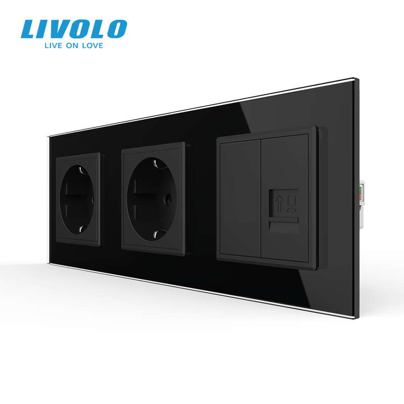 Розетка тримісна комбінована Силова Інтернет LIVOLO чорна 2.5D скло