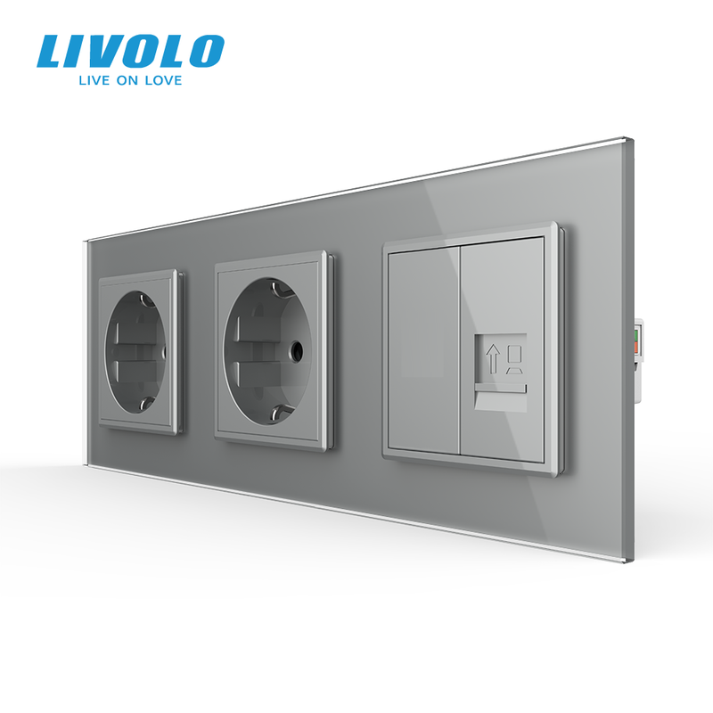 Розетка тримісна комбінована Силова Інтернет LIVOLO сіра матова скло — Livolo