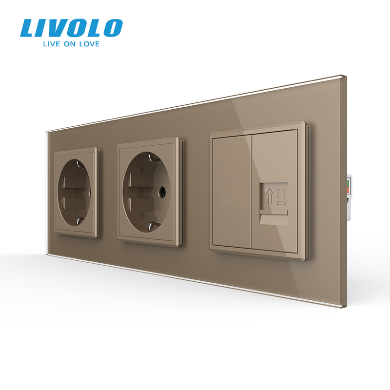 Розетка тримісна комбінована Силова Інтернет LIVOLO золота 2.5D скло