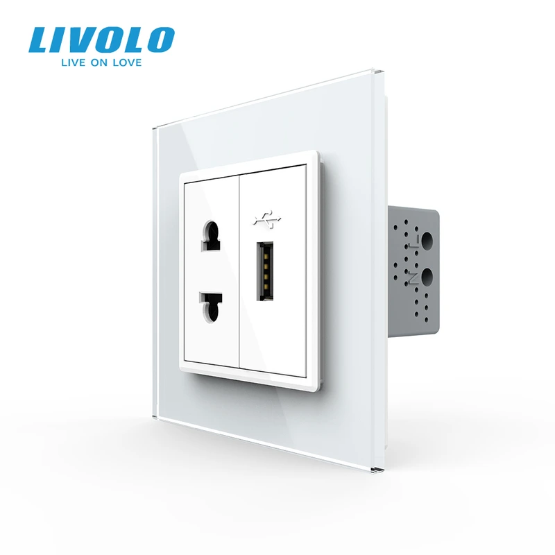 Розетка універсальна з USB розеткою Livolo білий скло (VL-C7C1AUSB-11) (VL-C7FCT25/FCUA-2WP)