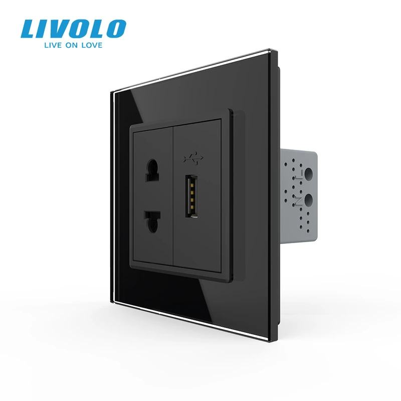 Розетка універсальна з USB розеткою Livolo чорний скло (VL-C7C1AUSB-12) (VL-C7FCT25/FCUA-2BP)