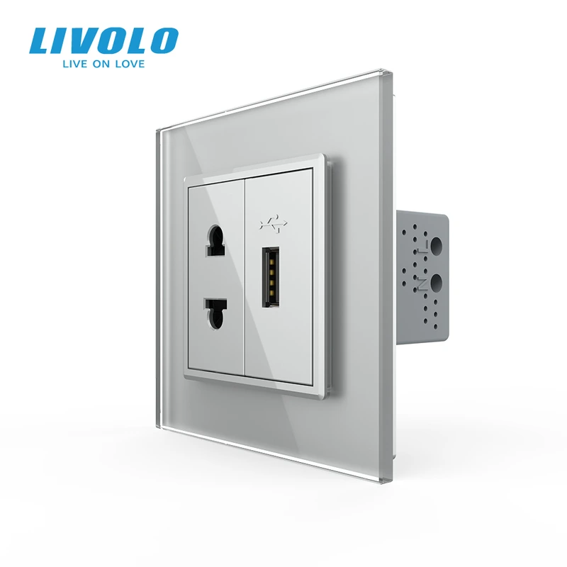 Розетка універсальна з USB розеткою LIVOLO сіра 2.5D скло