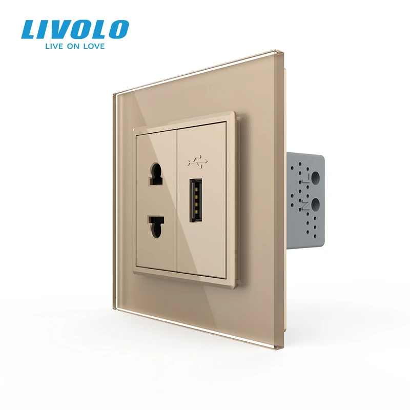Розетка універсальна з USB розеткою LIVOLO золота 2.5D скло
